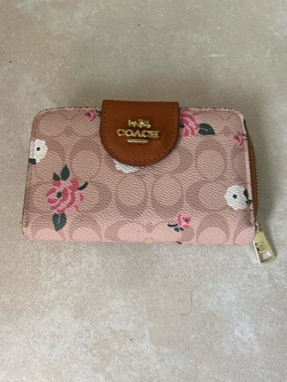 Coach Signature Rose Print Medium Corner Zip Wallet Pink Brown